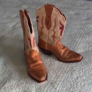 Frye Lilly Tan Brown Leather Cowgirl Western Underlay Cowboy Boots